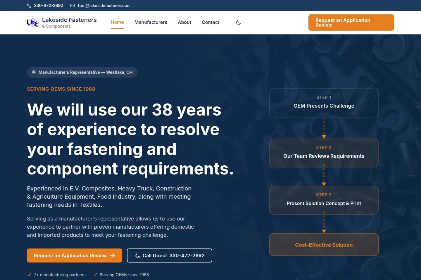 Lakeside Fasteners and Components live homepage: a dark navy hero with a white headline and an orange call to action, beside a numbered three-step process panel.