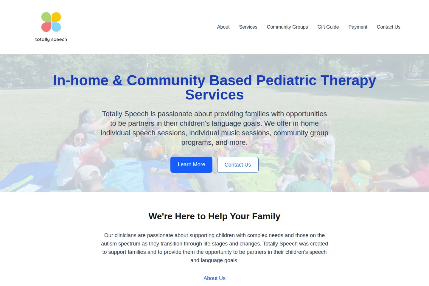 Totally Speech live homepage: a light blue and white layout with a photograph of children in a park behind the headline about in-home pediatric therapy.